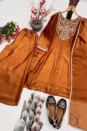 Brown Color Embroidery And Sequence Work Silk Blend Salwar kamiz Set