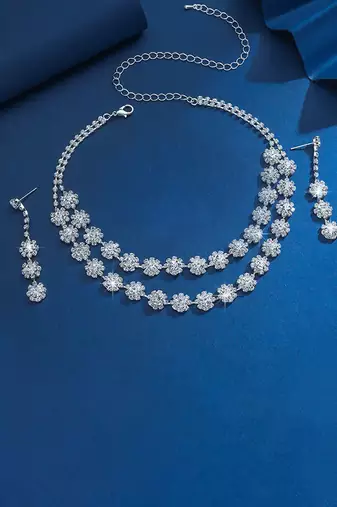 Silver plated cz studded layer necklace & drop earring sparkling jewellery set for women
