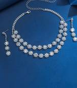 Silver plated cz studded layer necklace & drop earring sparkling jewellery set for women