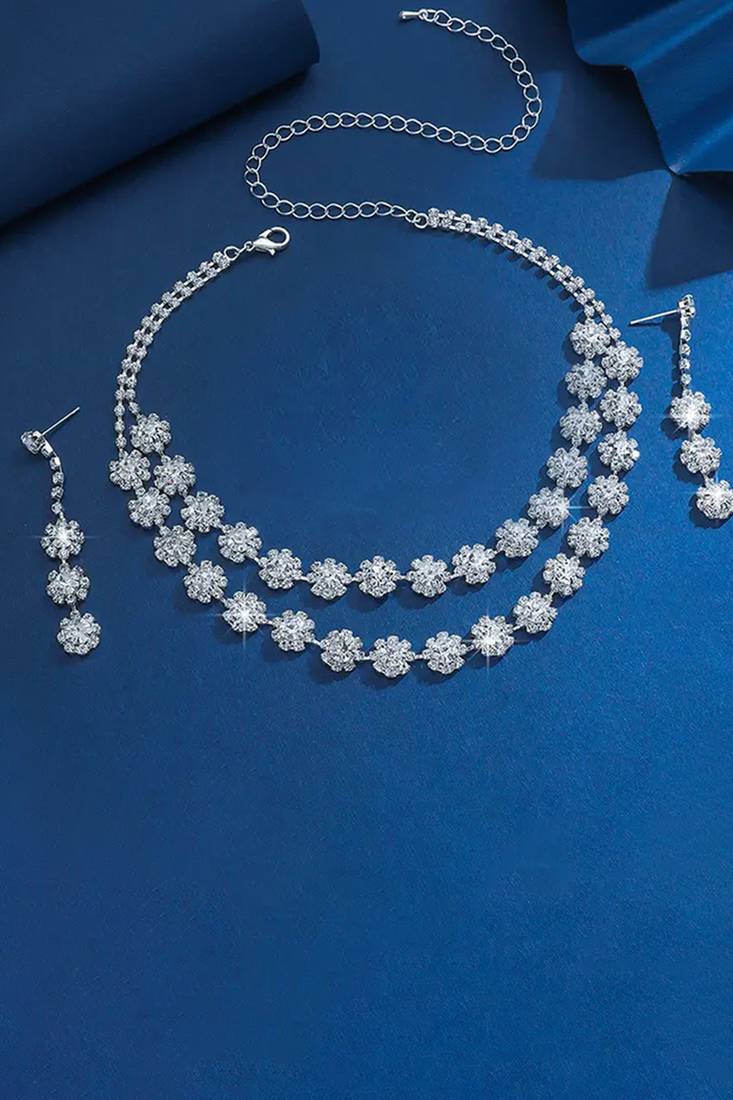 Silver plated cz studded layer necklace & drop earring sparkling jewellery set for women
