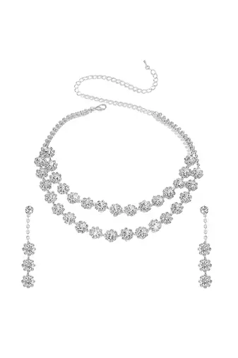 Silver plated cz studded layer necklace & drop earring sparkling jewellery set for women