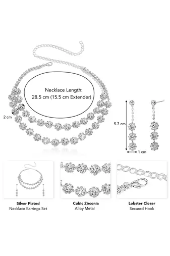Silver plated cz studded layer necklace & drop earring sparkling jewellery set for women