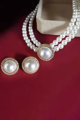 Gold plated pearl & cz studded necklace & stud earring elegant jewellery gift set for women