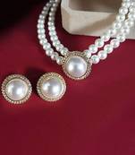 Gold plated pearl & cz studded necklace & stud earring elegant jewellery gift set for women