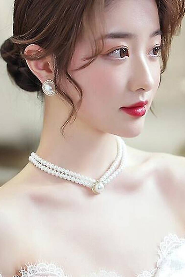 Gold plated pearl & cz studded necklace & stud earring elegant jewellery gift set for women