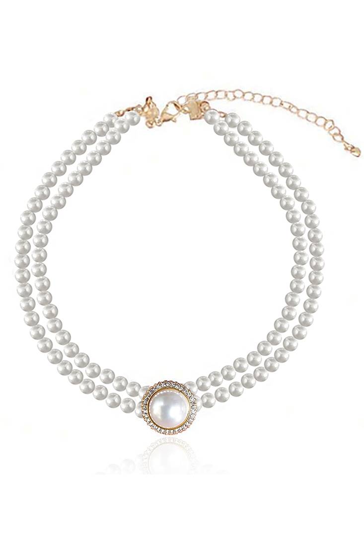 Gold plated pearl & cz studded necklace & stud earring elegant jewellery gift set for women