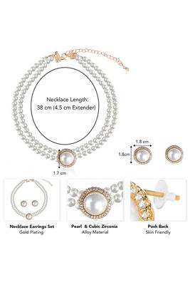 Gold plated pearl & cz studded necklace & stud earring elegant jewellery gift set for women 4