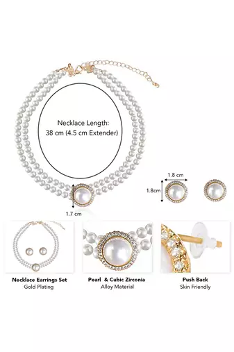 Gold plated pearl & cz studded necklace & stud earring elegant jewellery gift set for women