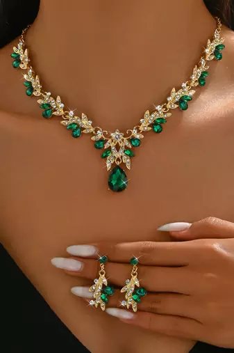 Gold plated cubic zirconia & faux emerald studded necklace earrings set jewellery for women