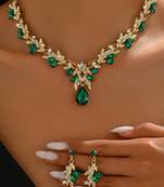 Gold plated cubic zirconia & faux emerald studded necklace earrings set jewellery for women