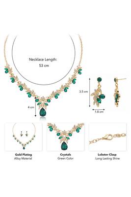 Gold plated cubic zirconia & faux emerald studded necklace earrings set jewellery for women 3