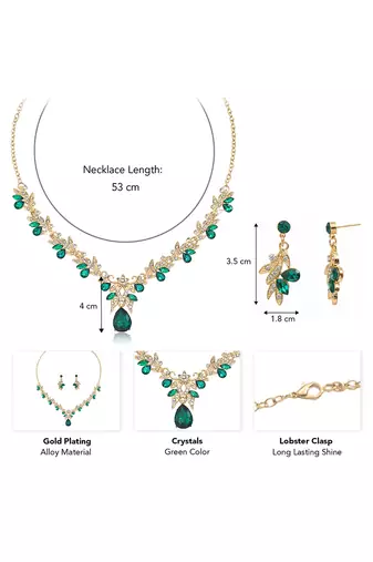 Gold plated cubic zirconia & faux emerald studded necklace earrings set jewellery for women