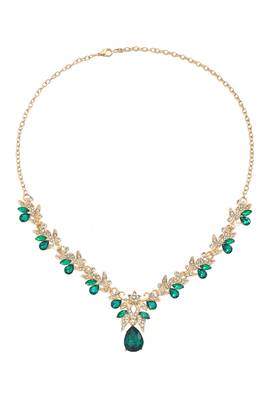 Gold plated cubic zirconia & faux emerald studded necklace earrings set jewellery for women 4