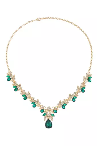 Gold plated cubic zirconia & faux emerald studded necklace earrings set jewellery for women