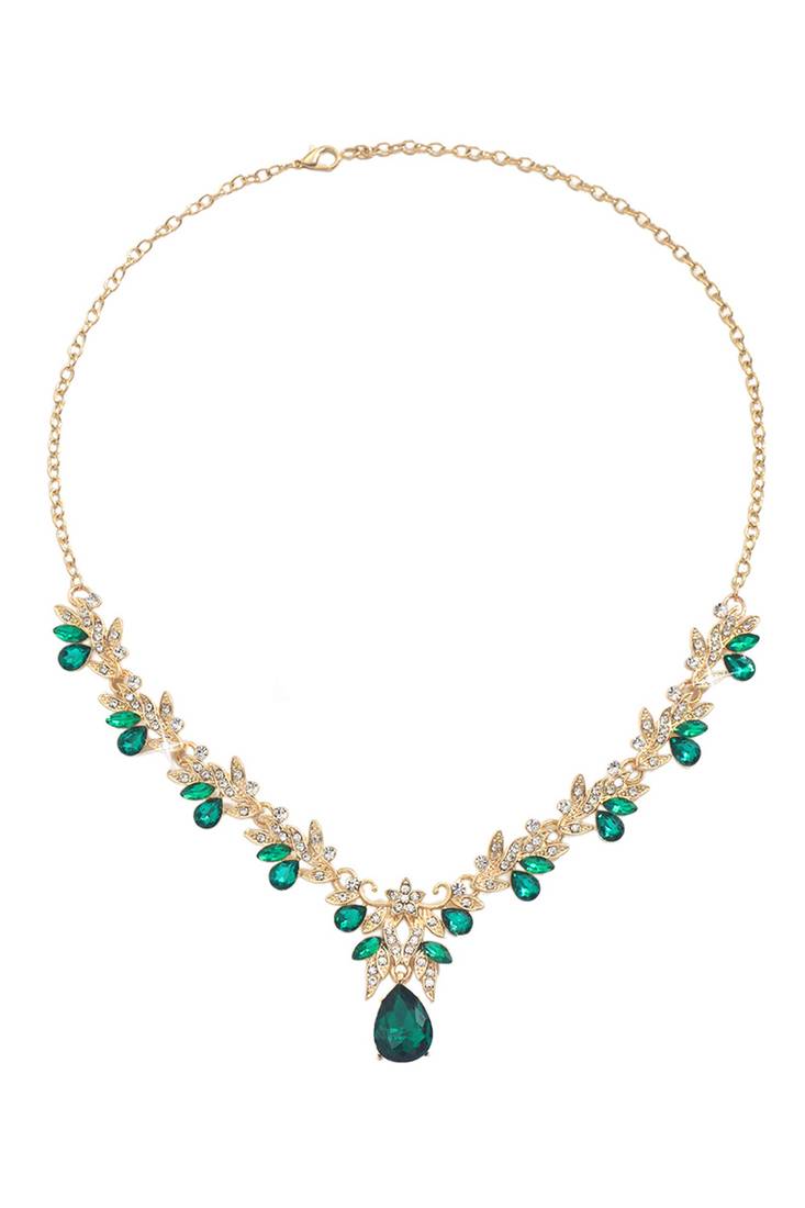 Gold plated cubic zirconia & faux emerald studded necklace earrings set jewellery for women