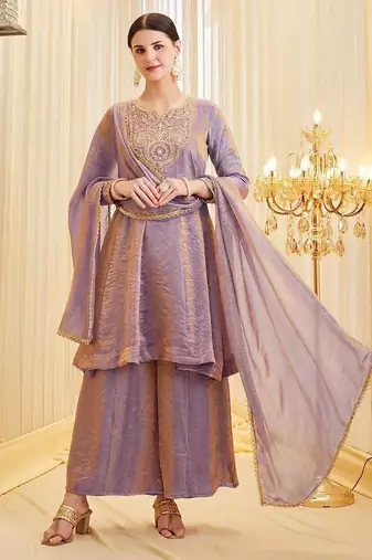 Lavender Color Embroidery And Sequence Work Silk Blend Salwar kamiz Set