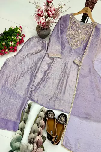 Lavender Color Embroidery And Sequence Work Silk Blend Salwar kamiz Set