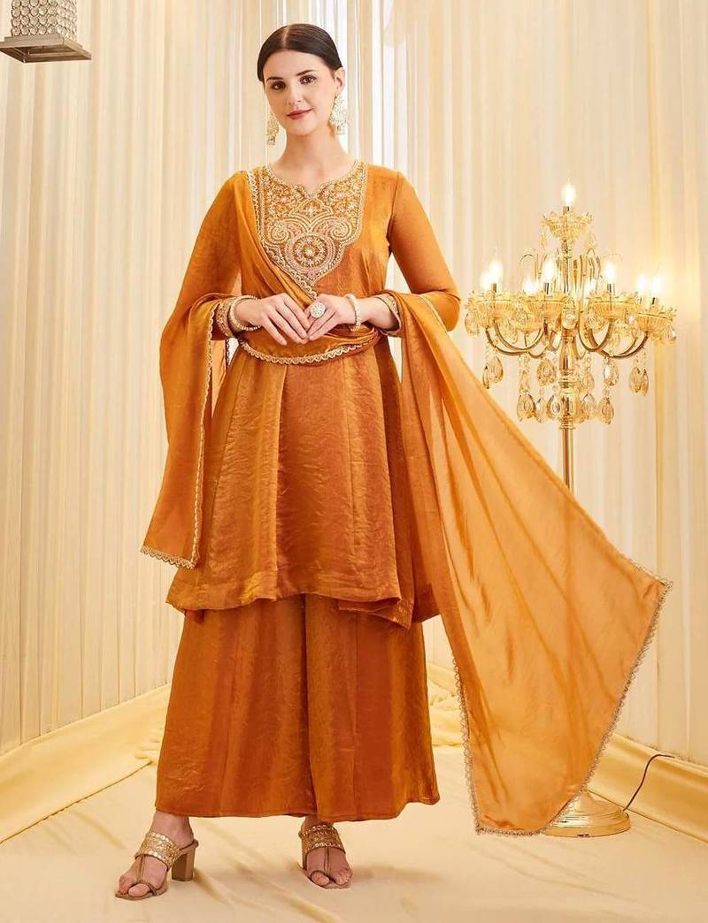 Orange Color Embroidery And Sequence Work Silk Blend Salwar kamiz Set