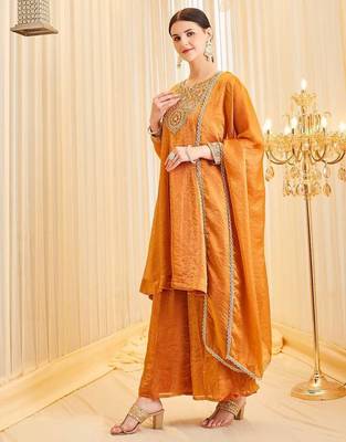 Orange Color Embroidery And Sequence Work Silk Blend Salwar kamiz Set 2