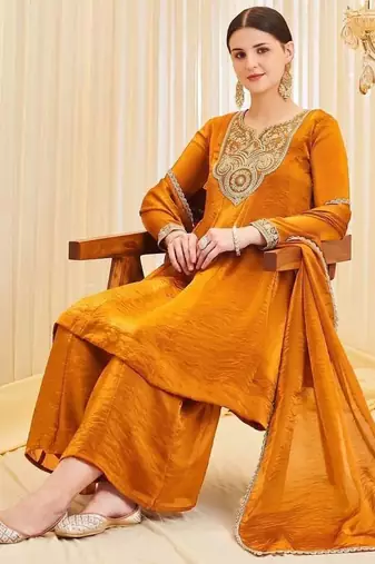 Orange Color Embroidery And Sequence Work Silk Blend Salwar kamiz Set