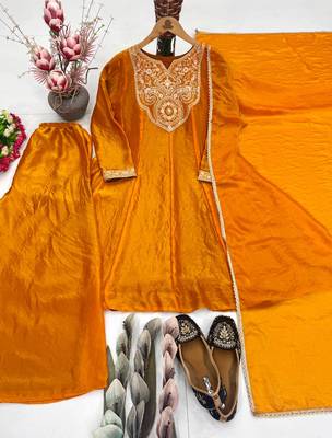 Orange Color Embroidery And Sequence Work Silk Blend Salwar kamiz Set 4