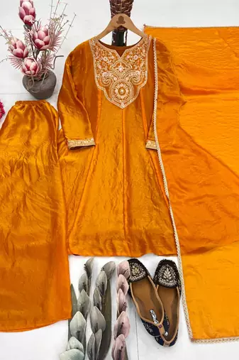 Orange Color Embroidery And Sequence Work Silk Blend Salwar kamiz Set