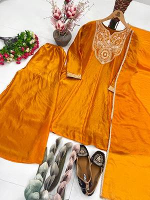 Orange Color Embroidery And Sequence Work Silk Blend Salwar kamiz Set 5