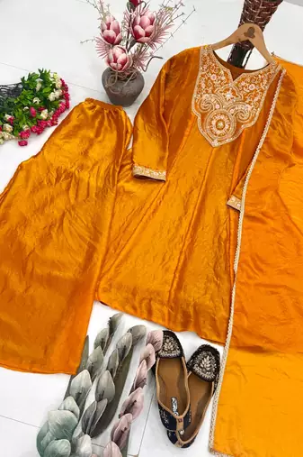 Orange Color Embroidery And Sequence Work Silk Blend Salwar kamiz Set