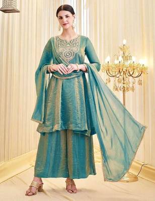 Teal Color Embroidery And Sequence Work Silk Blend Salwar kamiz Set 1