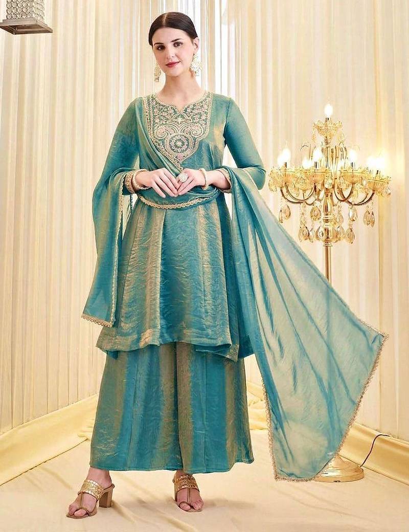 Teal Color Embroidery And Sequence Work Silk Blend Salwar kamiz Set