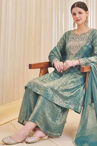 Teal Color Embroidery And Sequence Work Silk Blend Salwar kamiz Set