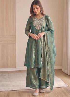 Teal Color Embroidery And Sequence Work Silk Blend Salwar kamiz Set 3