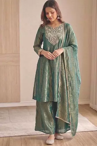 Teal Color Embroidery And Sequence Work Silk Blend Salwar kamiz Set