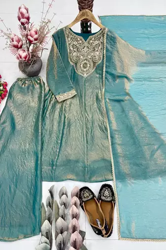 Teal Color Embroidery And Sequence Work Silk Blend Salwar kamiz Set