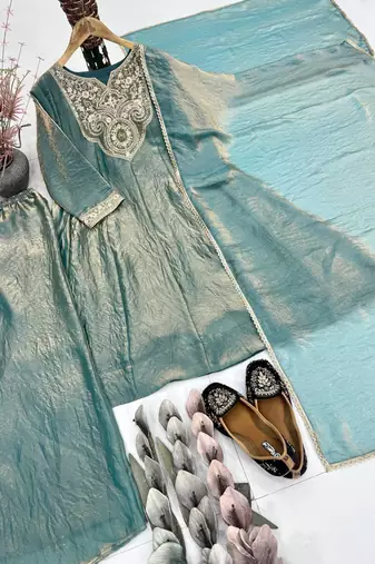 Teal Color Embroidery And Sequence Work Silk Blend Salwar kamiz Set
