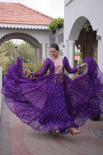 purple faux georgette anarkali gown with kutchi patch work gown For Navratri Set