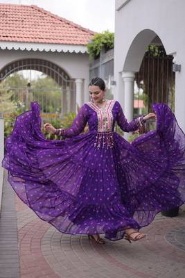purple faux georgette anarkali gown with kutchi patch work gown For Navratri Set 1