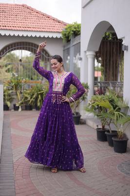 purple faux georgette anarkali gown with kutchi patch work gown For Navratri Set 2