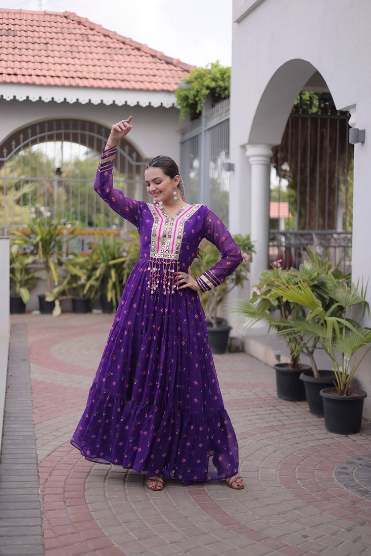 purple faux georgette anarkali gown with kutchi patch work gown For Navratri Set