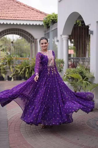 purple faux georgette anarkali gown with kutchi patch work gown For Navratri Set