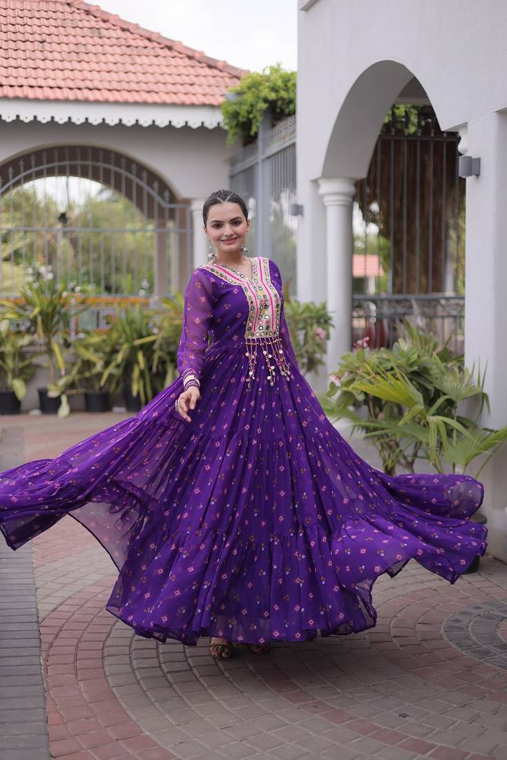 purple faux georgette anarkali gown with kutchi patch work gown For Navratri Set