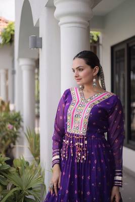 purple faux georgette anarkali gown with kutchi patch work gown For Navratri Set 4