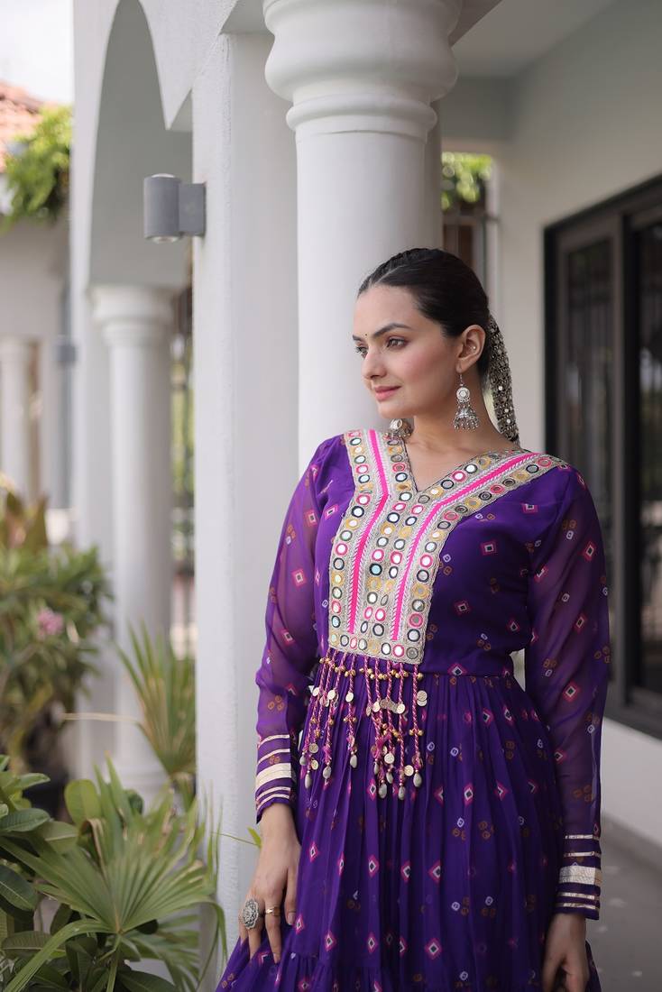 purple faux georgette anarkali gown with kutchi patch work gown For Navratri Set