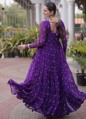 purple faux georgette anarkali gown with kutchi patch work gown For Navratri Set 5