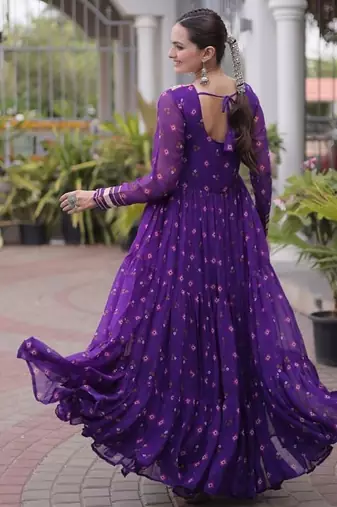 purple faux georgette anarkali gown with kutchi patch work gown For Navratri Set