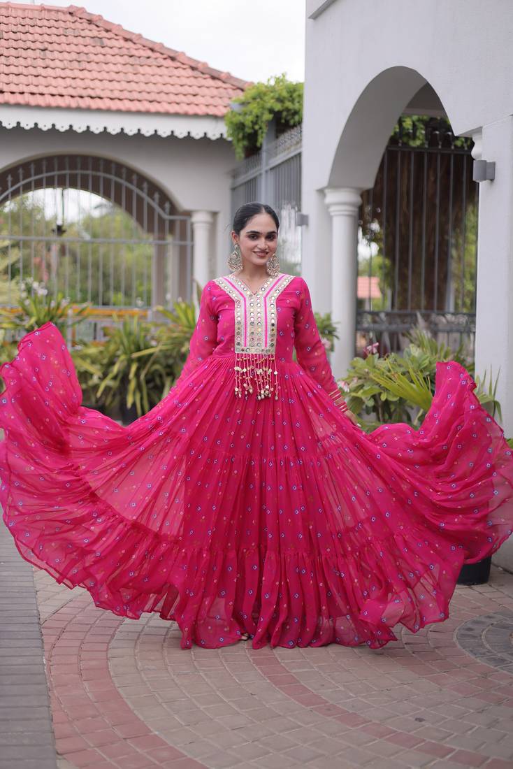 pink faux georgette anarkali gown For Navratri with kutchi patch work   