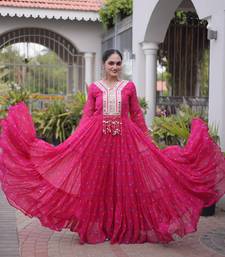 pink faux georgette anarkali gown For Navratri with kutchi patch work   