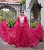 pink faux georgette anarkali gown For Navratri with kutchi patch work   