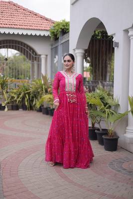 pink faux georgette anarkali gown For Navratri with kutchi patch work    2