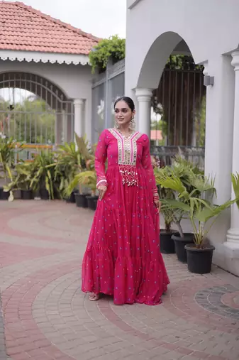 pink faux georgette anarkali gown For Navratri with kutchi patch work   